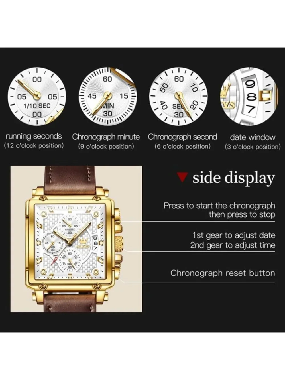 Men's White Quartz Leather Strap Waterproof Casual Trendy Square Dial Watch